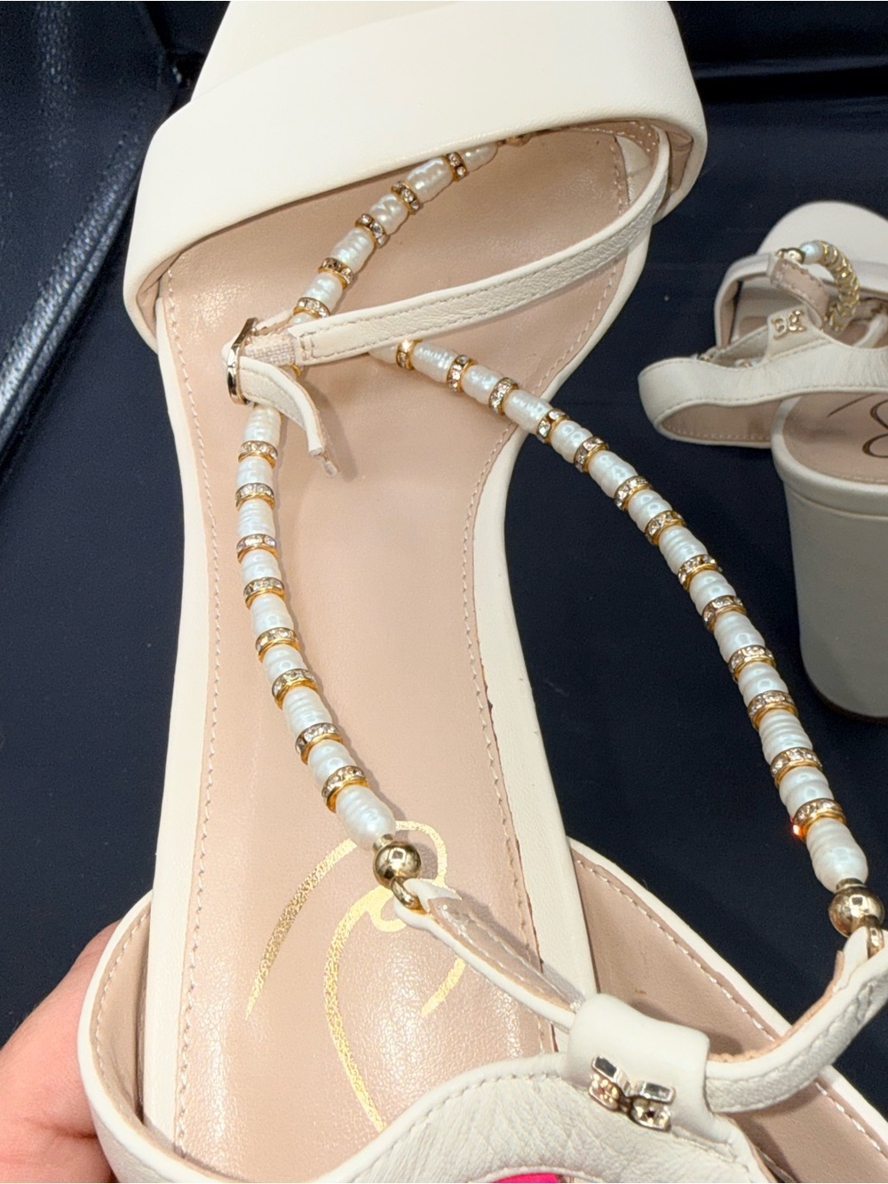 Sam Edelman Yanelli Pearl Ankle Strap Block Heel Sandal 9M Ivory Bridal Coquette - Picture 7 of 11